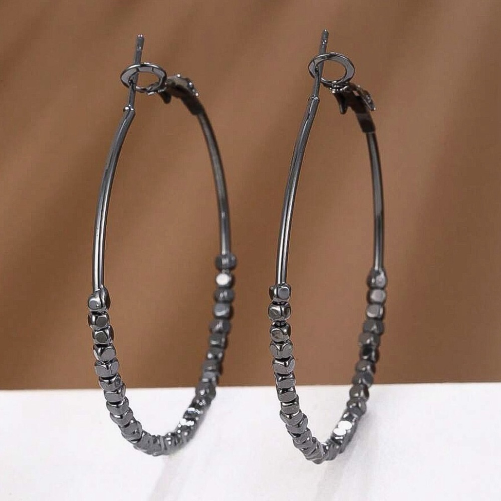 Gunmetal Hoops w/Cubical Beads Earrings - Picture 2 of 4